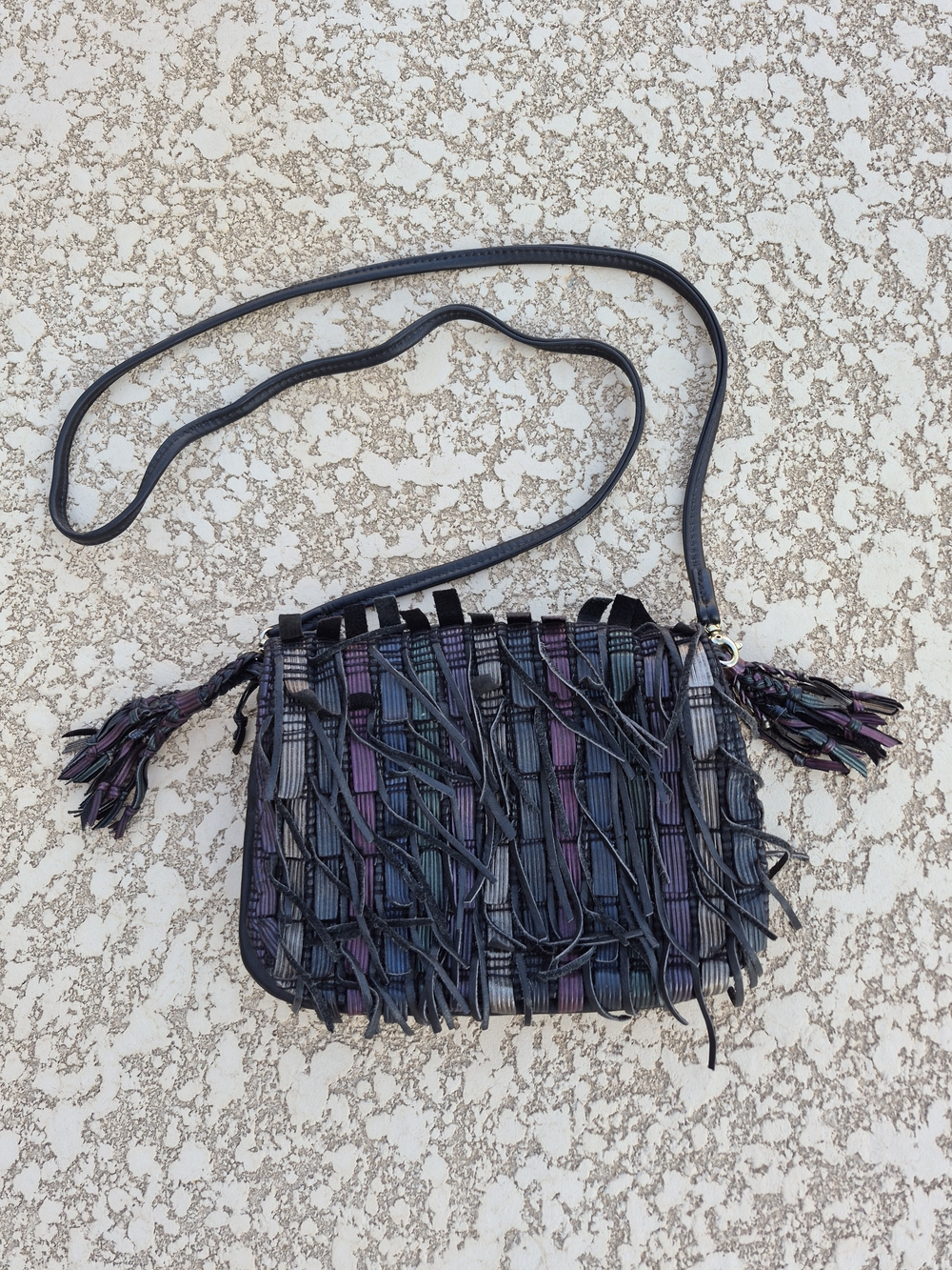 Vintage 80s East West Designs Narda Leather Fringe Crossbody Bag Boho Hippie